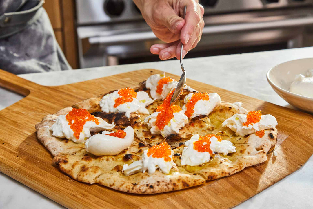 Pizza Crostini with Burrata and Trout Roe