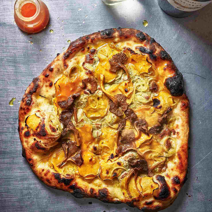 Chanterelle and Sweet Potato Pizza with Sour Tomato Sauce and Pumpkin Seed Butter