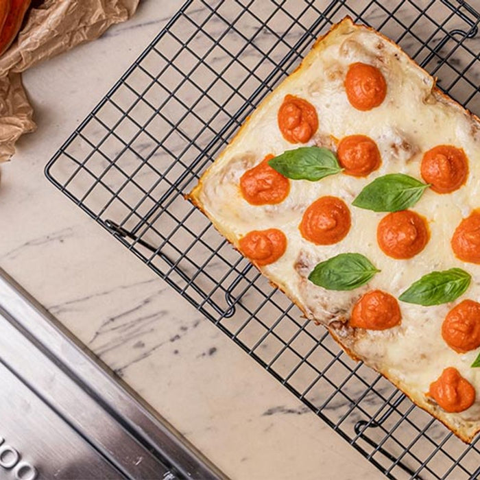 Italian Detroit-style Pizza: Peperoni (Red Capsicums) with Pecorino and Provola Silana