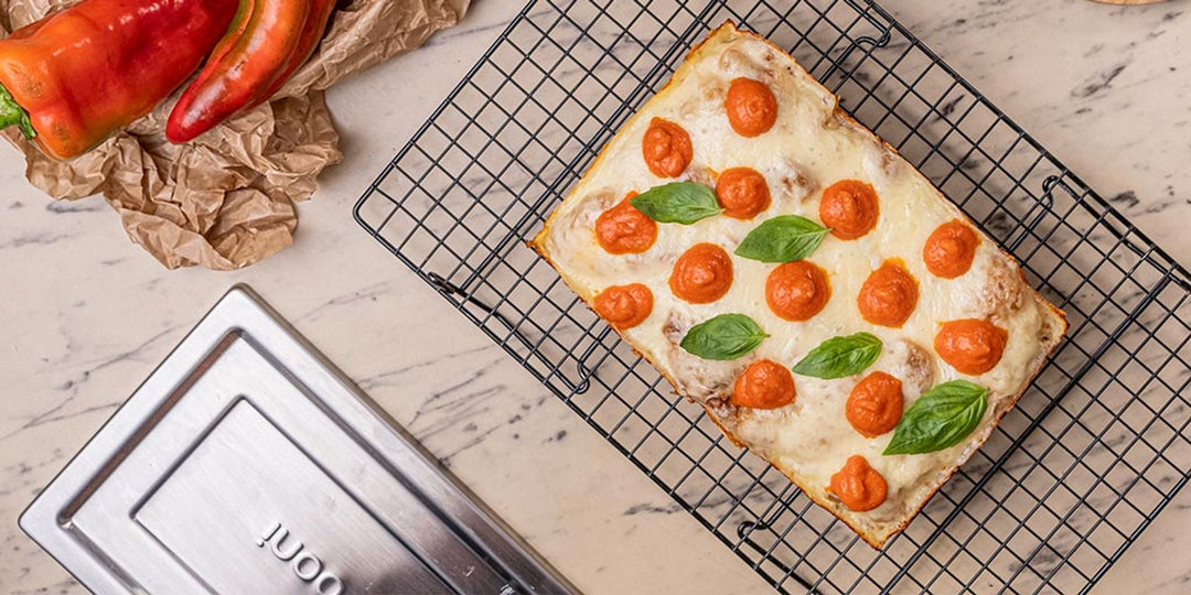 Italian Detroit-style Pizza: Peperoni (Red Capsicums) with Pecorino and Provola Silana