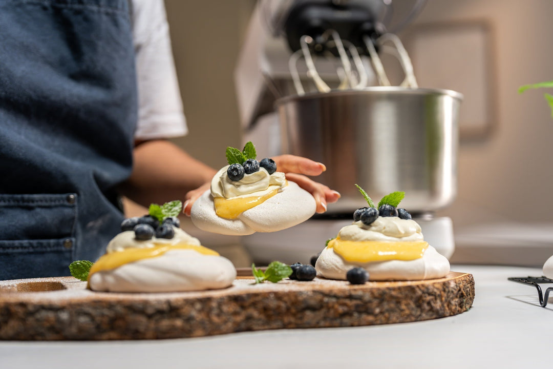 Mini Lemon Meringues with Whipped Cream and Fresh Blueberries using Ooni Halo Core