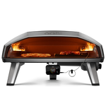 Front view of Koda 2 Max gas powered pizza oven with pizza and meat cooking inside side by side 