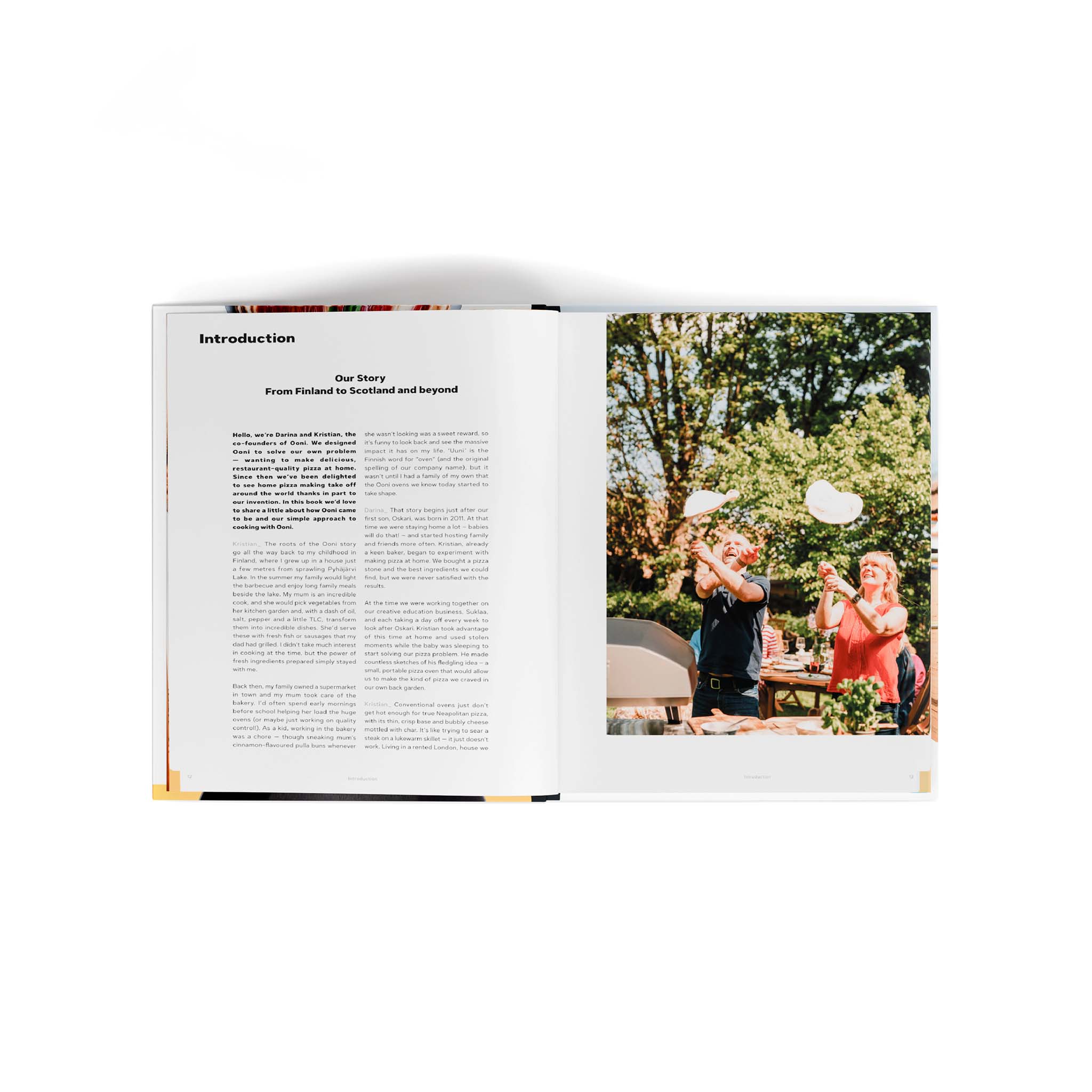 Cooking with Ooni Cookbook open to page with Ooni's story and brand introduction.