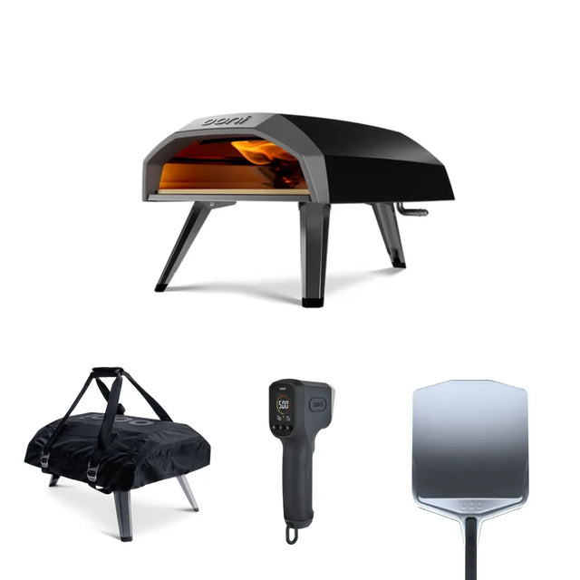 karu 12 essentials bundle, including the koda 12 gas powered pizza oven, carry cover for koda 12 digital infrared thermometer and the ooni pizza peel 12"