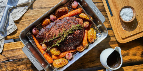 Roast beef and vegetables in an Ooni roasting pan
