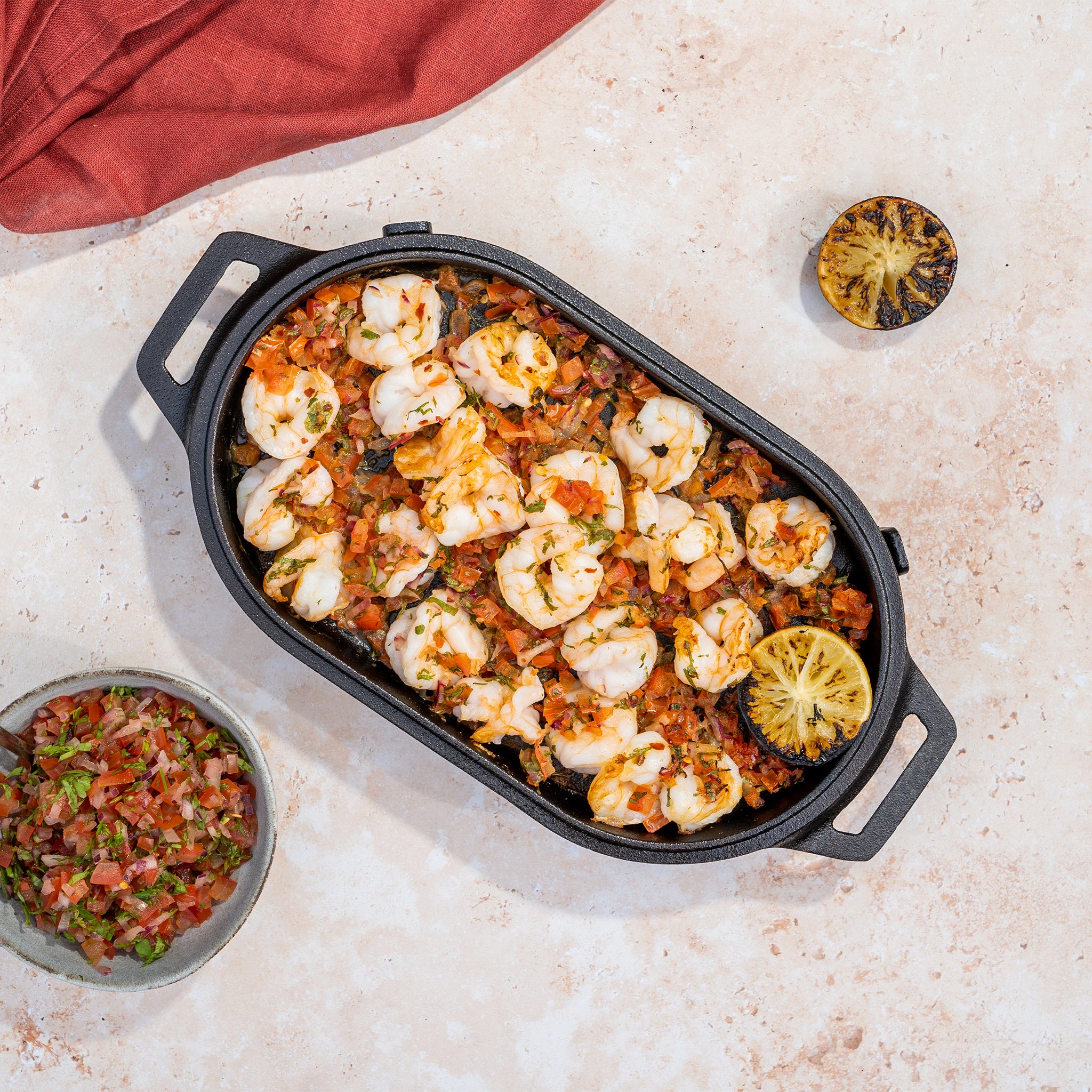 Cast Iron Sizzler Pan with Prawns and Rice